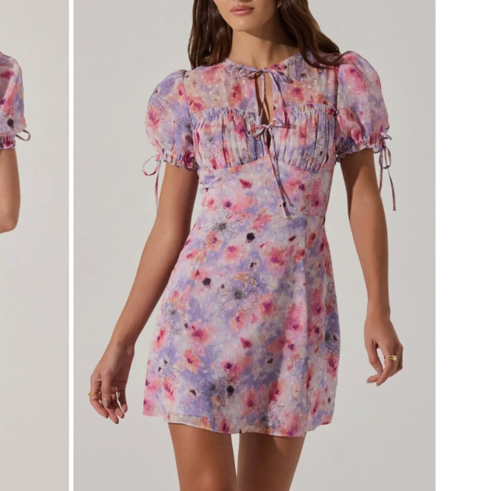 ASTR Print Puff Sleeve Tie Front Dress Small